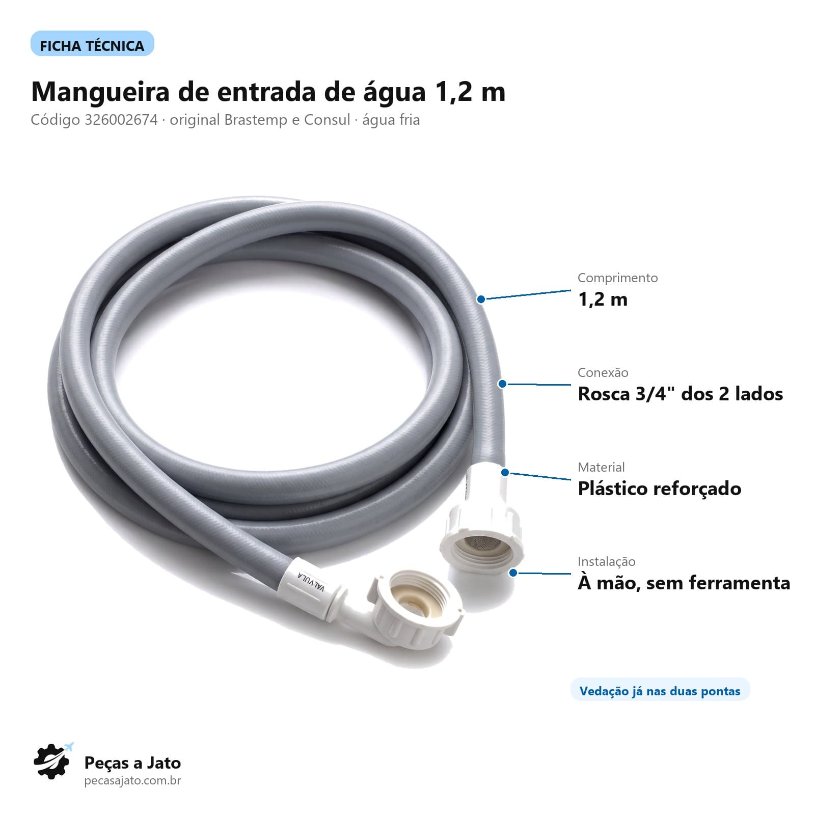 Mangueira Entrada de Água Lavadora Brastemp Consul Original 326002674: imagem ilustrativa