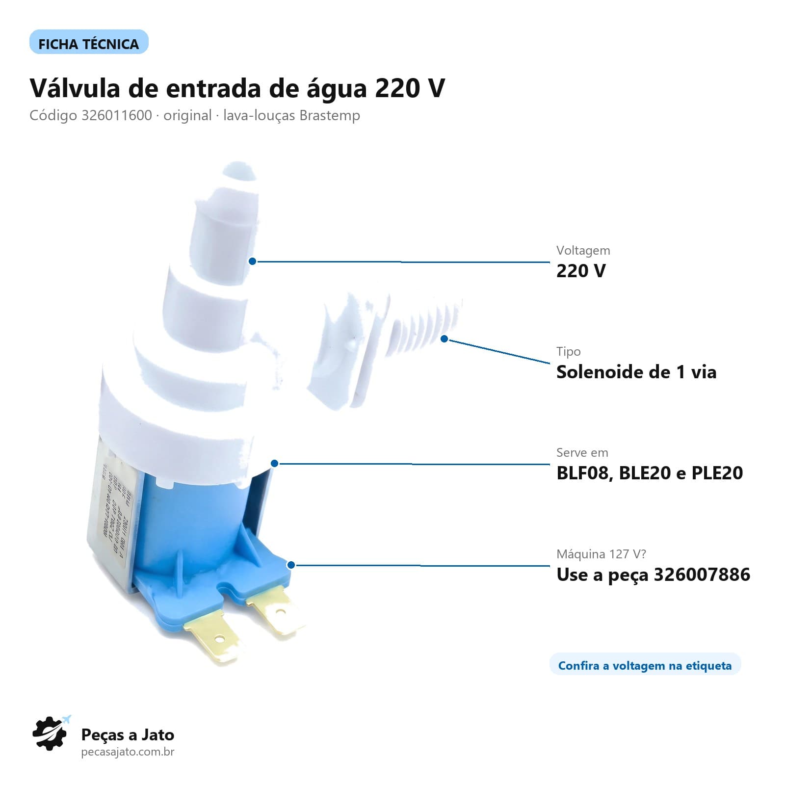 Válvula Entrada de Água Lava-Louças Brastemp 220v 326011600: imagem ilustrativa