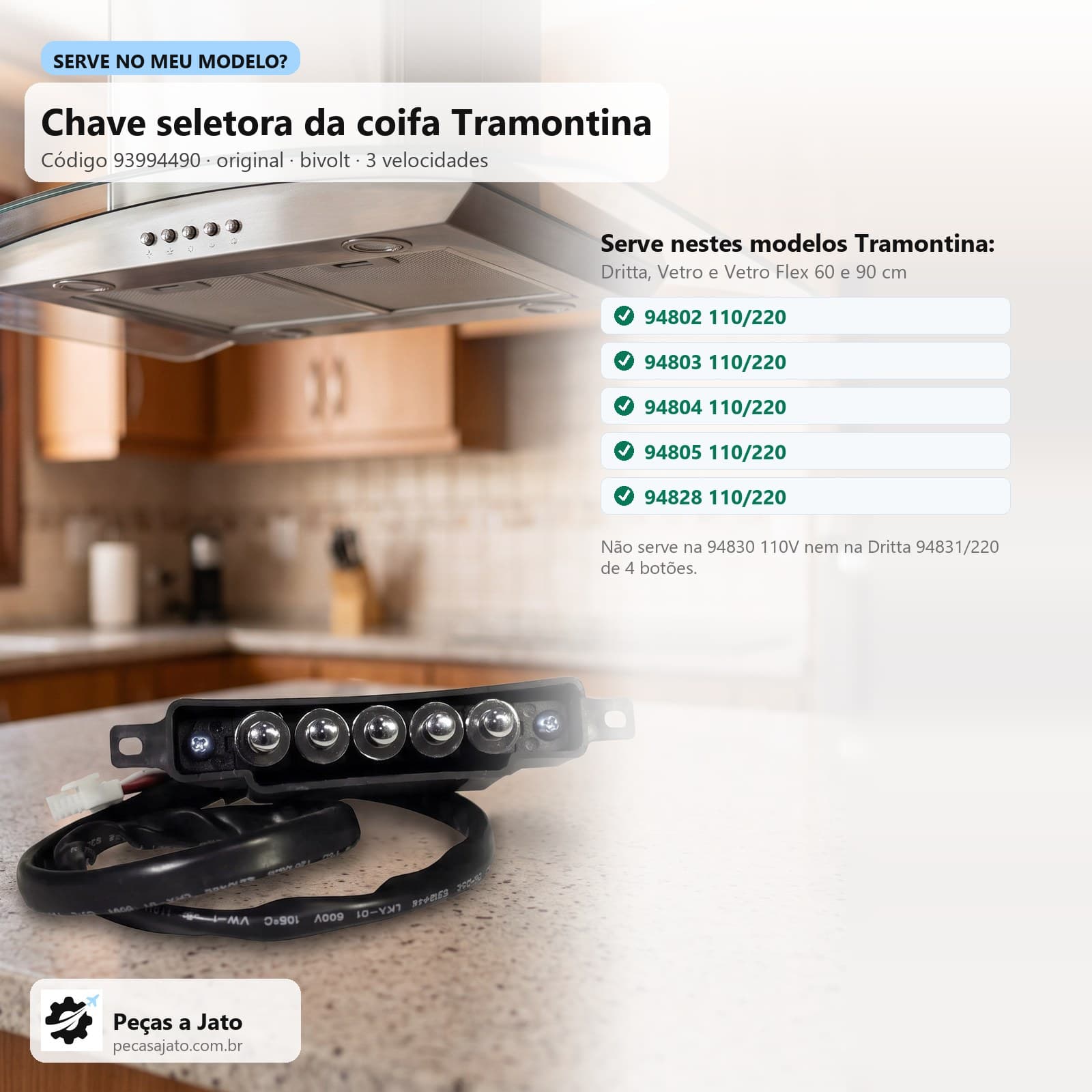 Chave Seletora Coifa Tramontina Dritta Vetro e Vetro Flex 60 e 90 cm 93994490: imagem ilustrativa