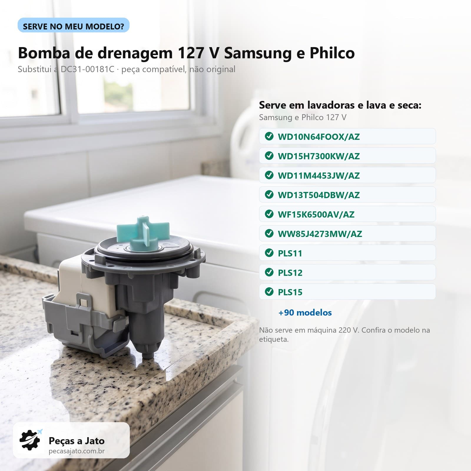 Bomba de Drenagem 127V Lava e Seca Samsung Philco Compatível Pls11 Pls12 Pls15 DC31-00181C: imagem ilustrativa