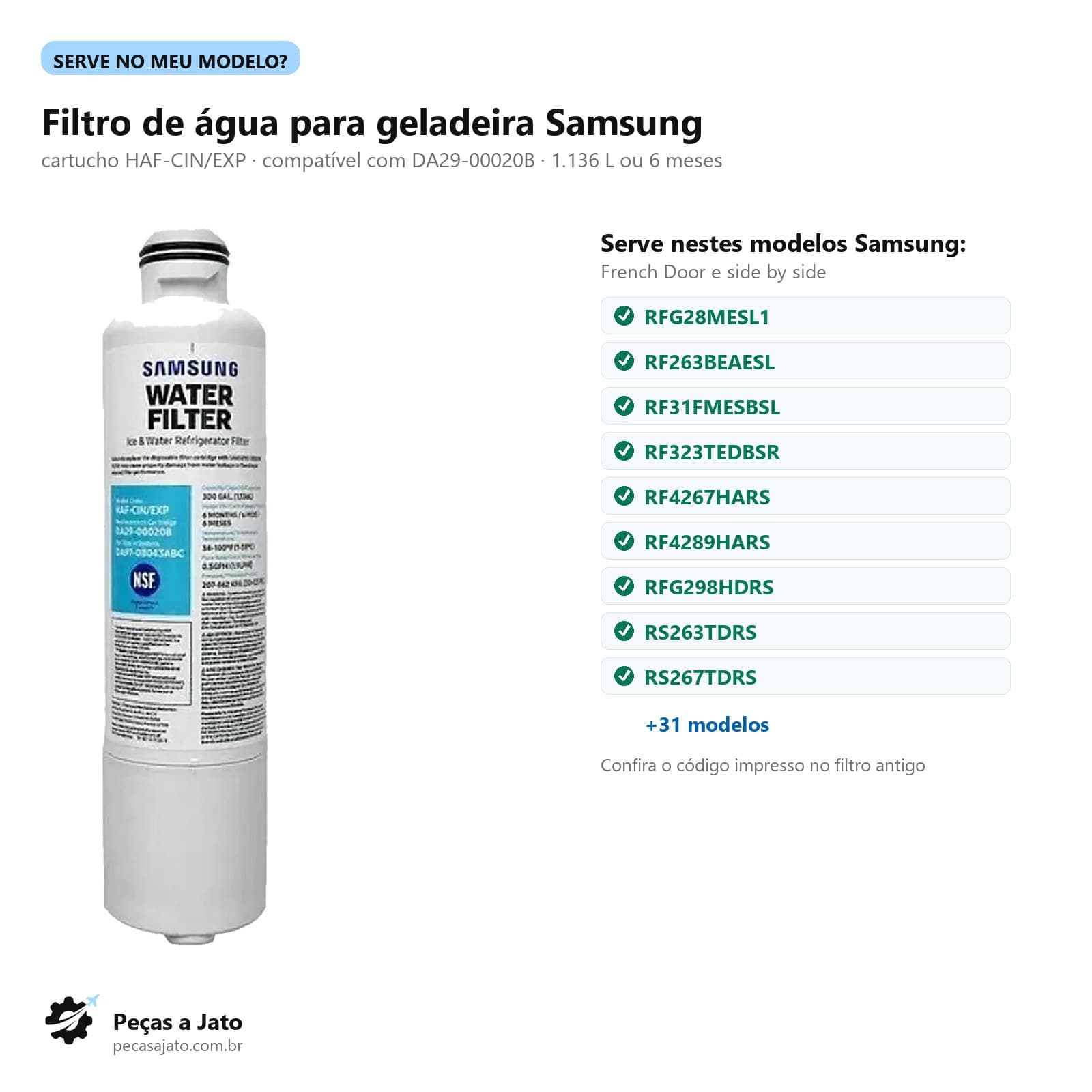 Filtro de Água Geladeira Samsung DA29-00020B HAF-CIN French Door RFG28 RF263 Compatível: imagem ilustrativa