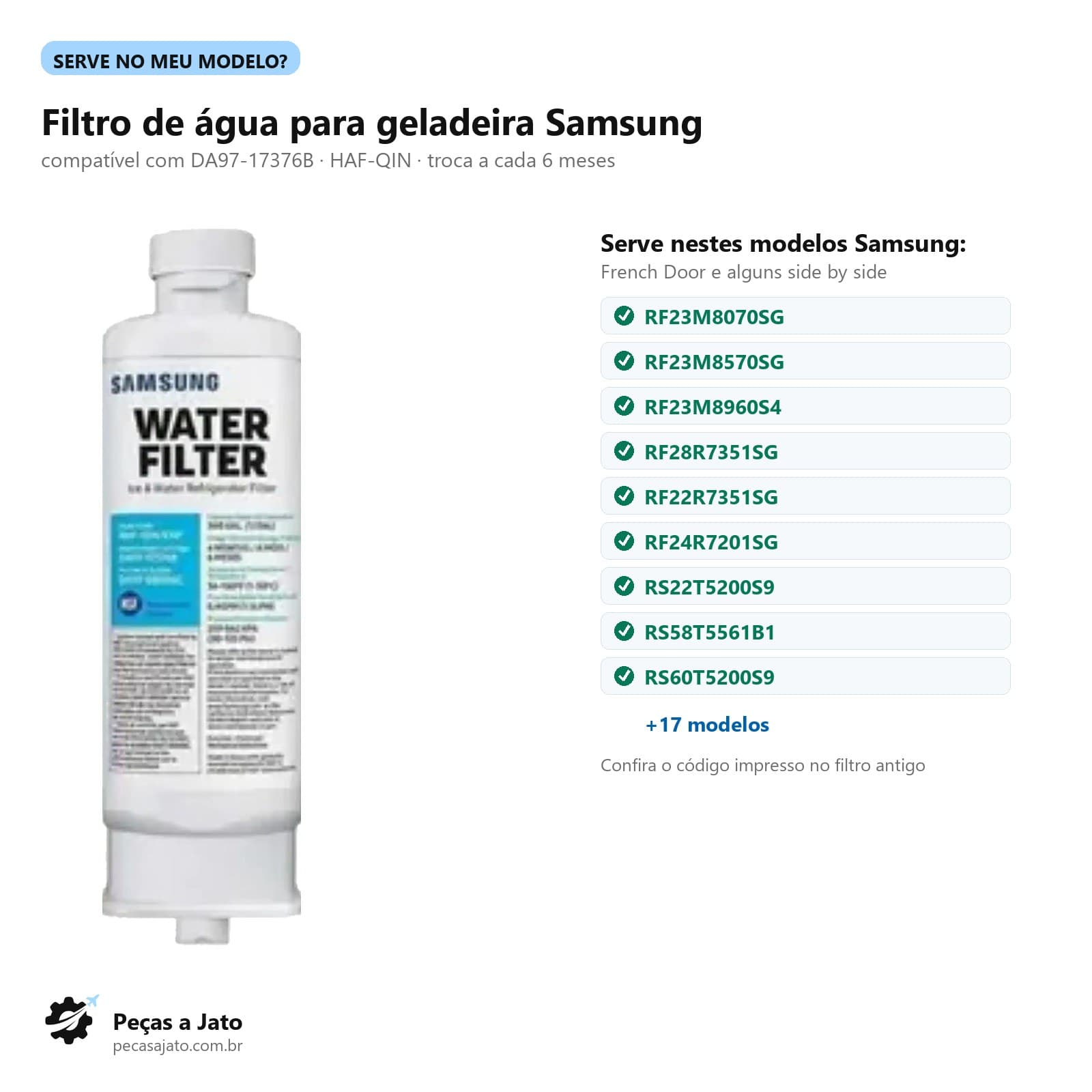 Filtro de Água Geladeira Samsung French Door DA97-17376B HAF-QIN Compatível: imagem ilustrativa