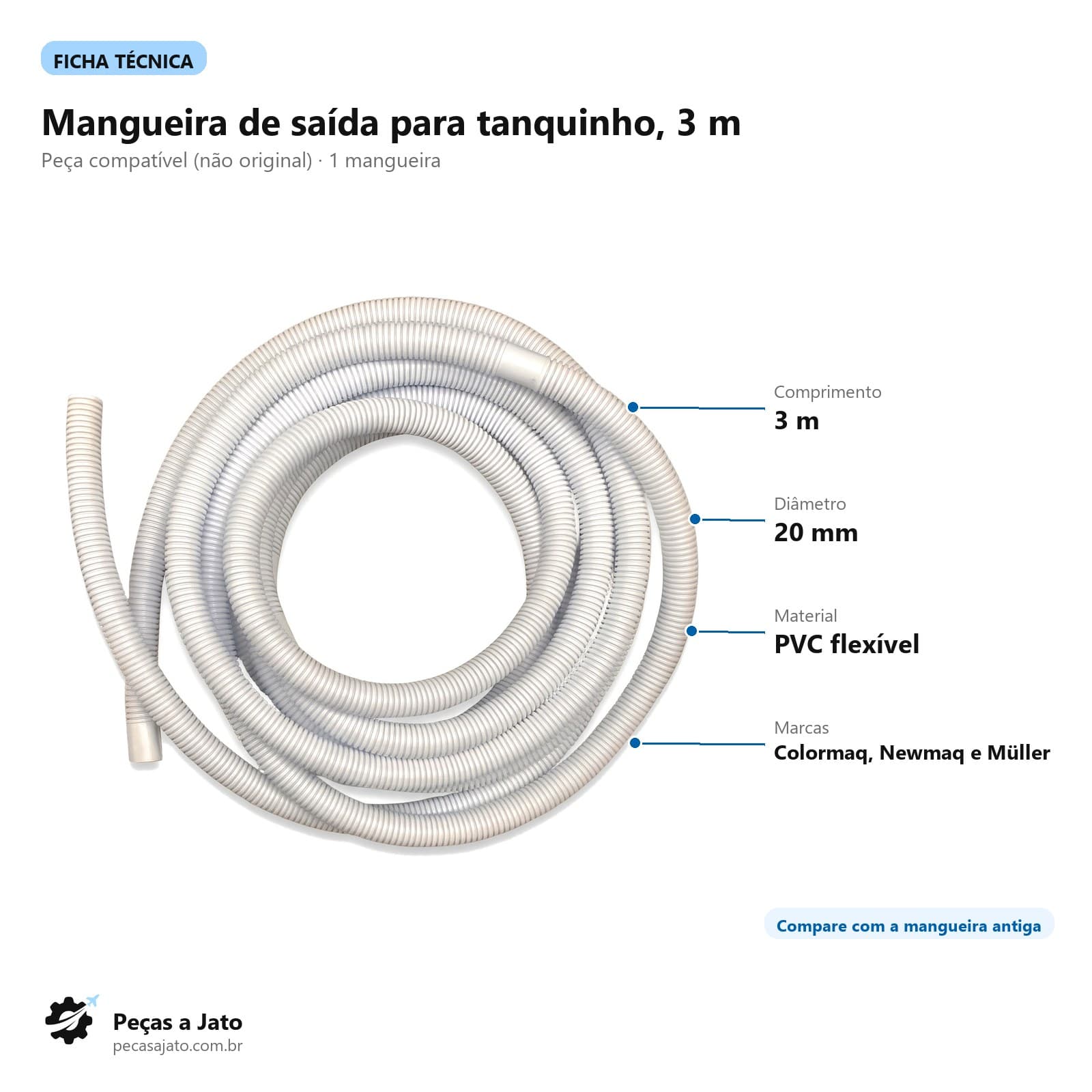 Mangueira de Saída de Água Tanquinho Compatível Colormaq Newmaq Müller 3 Metros: imagem ilustrativa
