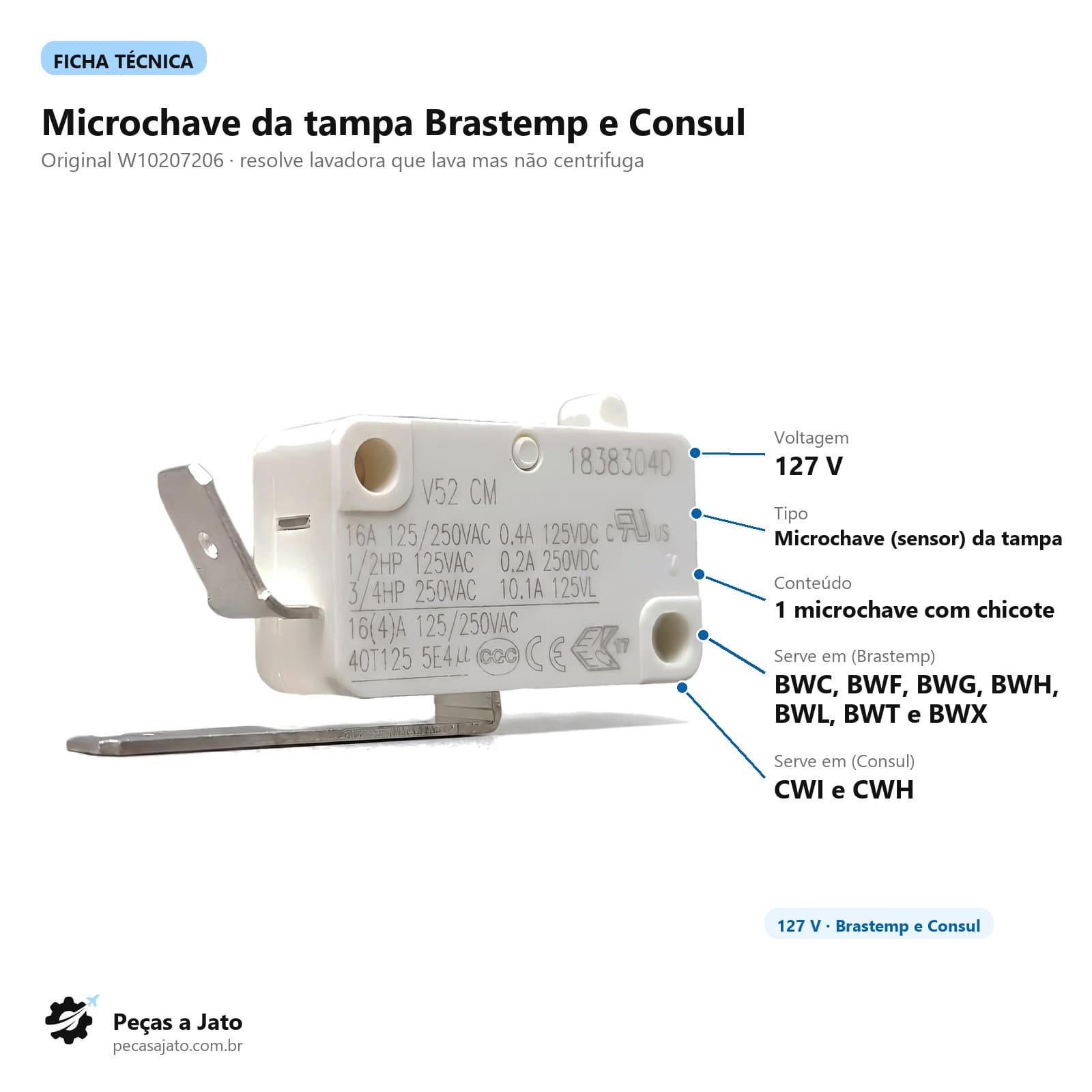 Microchave Tampa Lavadora Brastemp Consul 127v W10207206: imagem ilustrativa