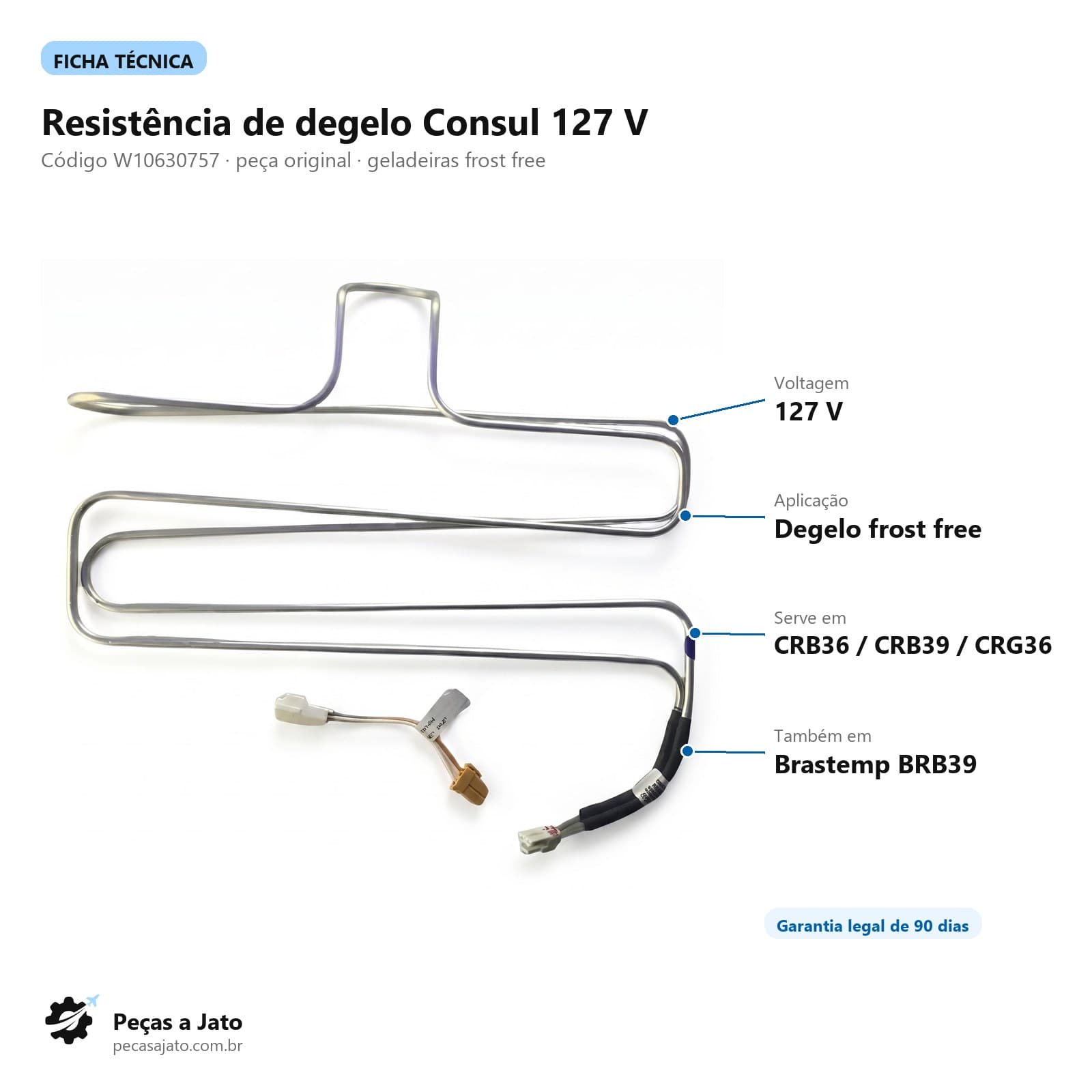 Resistência Degelo Consul 127v Crb36 / Crb39 W10630757: imagem ilustrativa