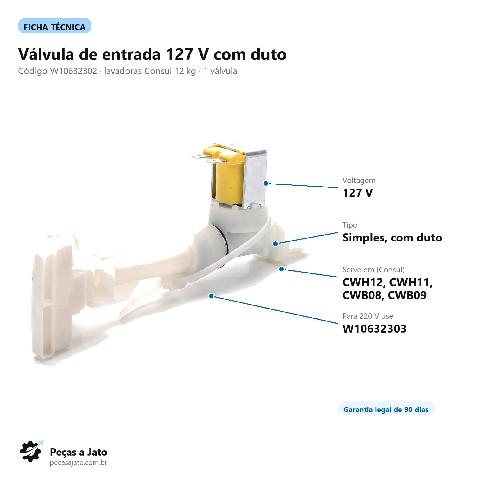 Válvula 127v Simples Duto Lavadora Consul 12kg Cwh12: imagem ilustrativa