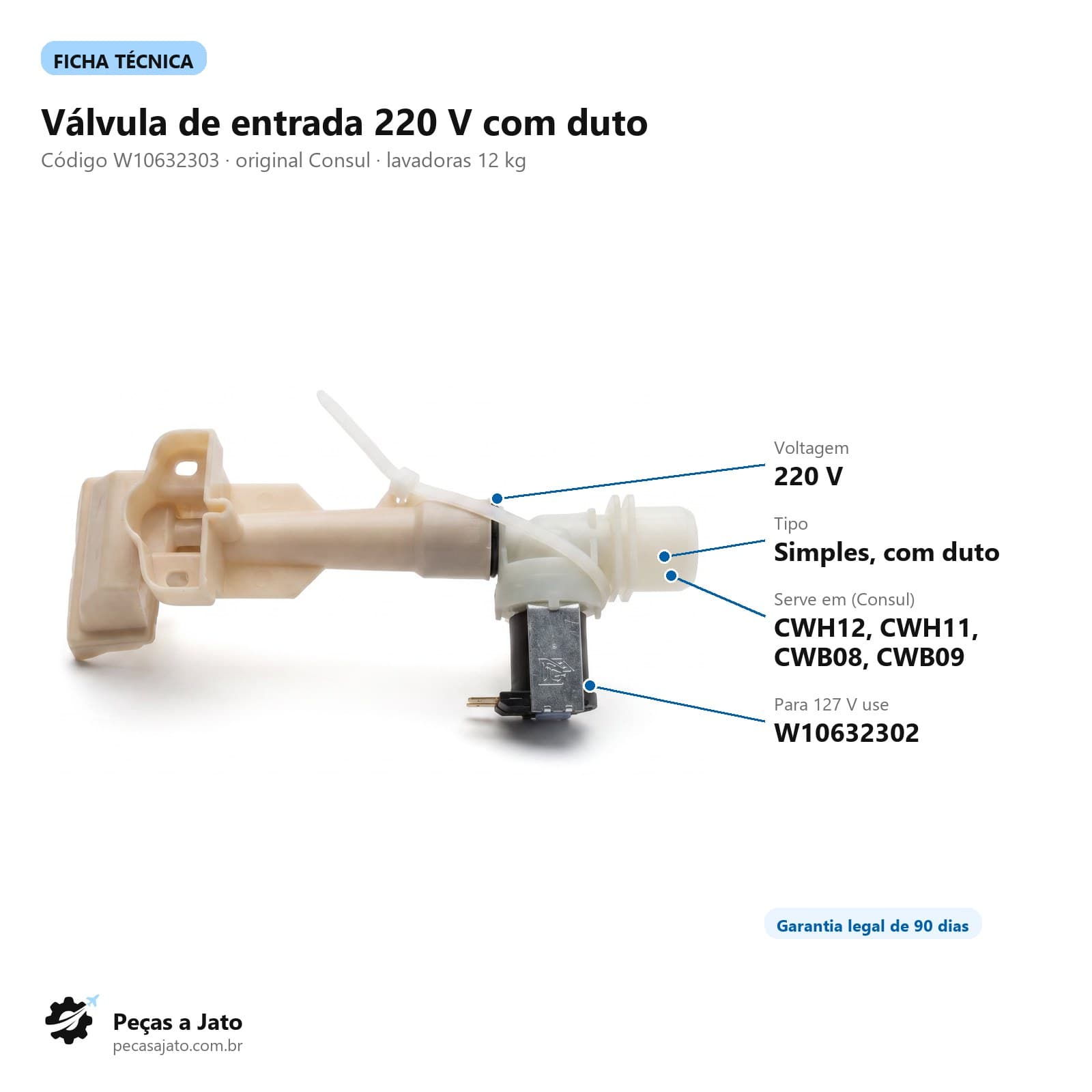 Válvula 220v Simples Duto Lavadora Consul 12kg Cwh12a: imagem ilustrativa