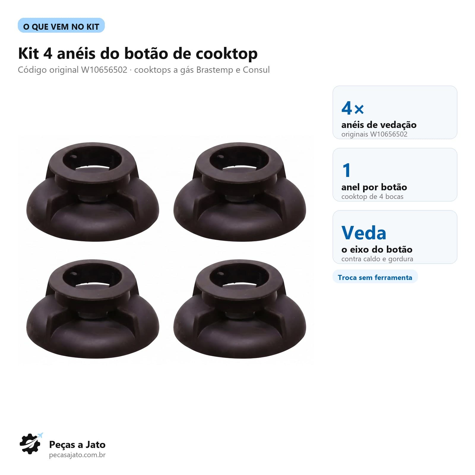 Kit 4 Anéis Vedação Botão Cooktop Brastemp Consul W10656502: imagem ilustrativa