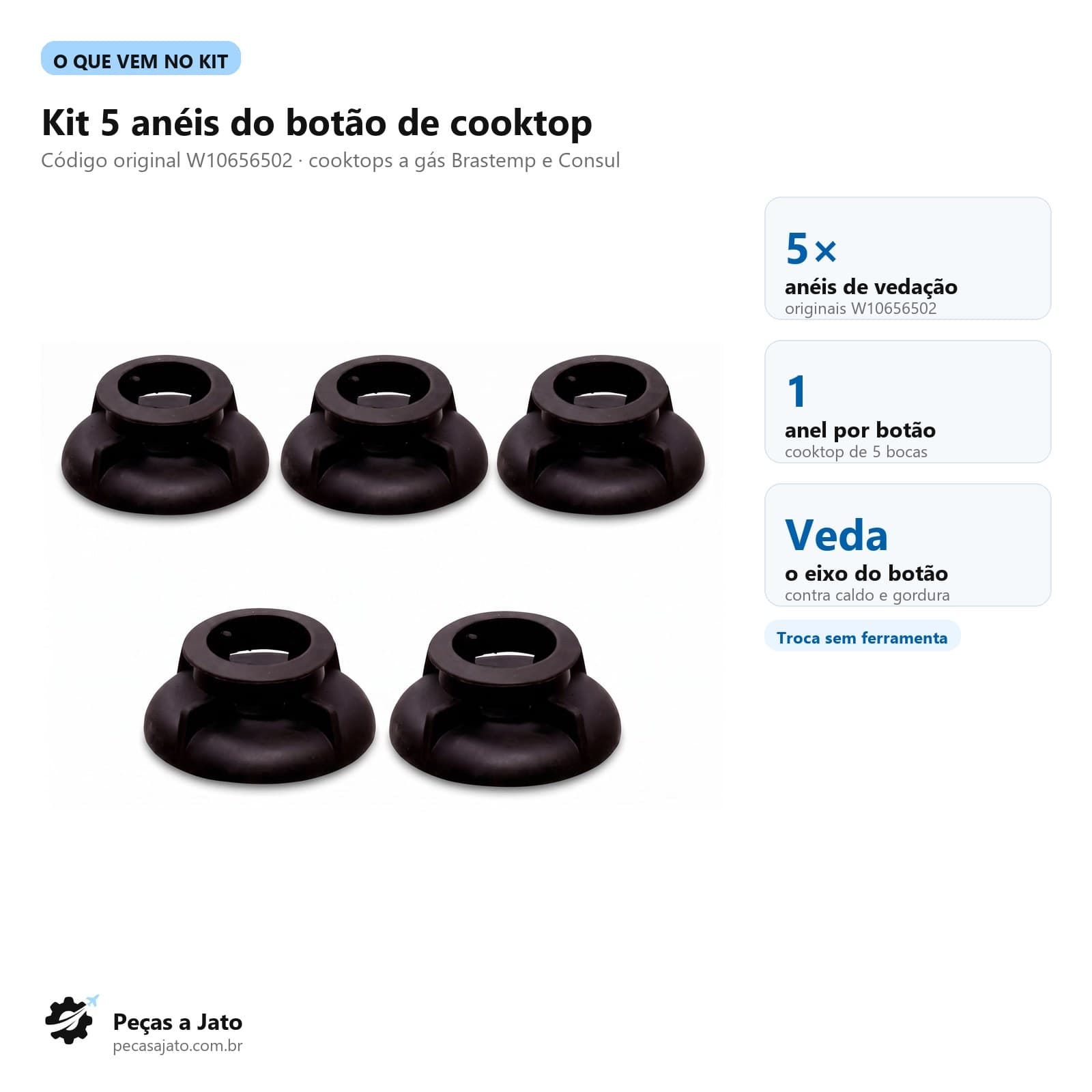 Kit 5 Anéis Vedação Botão Cooktop Brastemp Consul W10656502: imagem ilustrativa