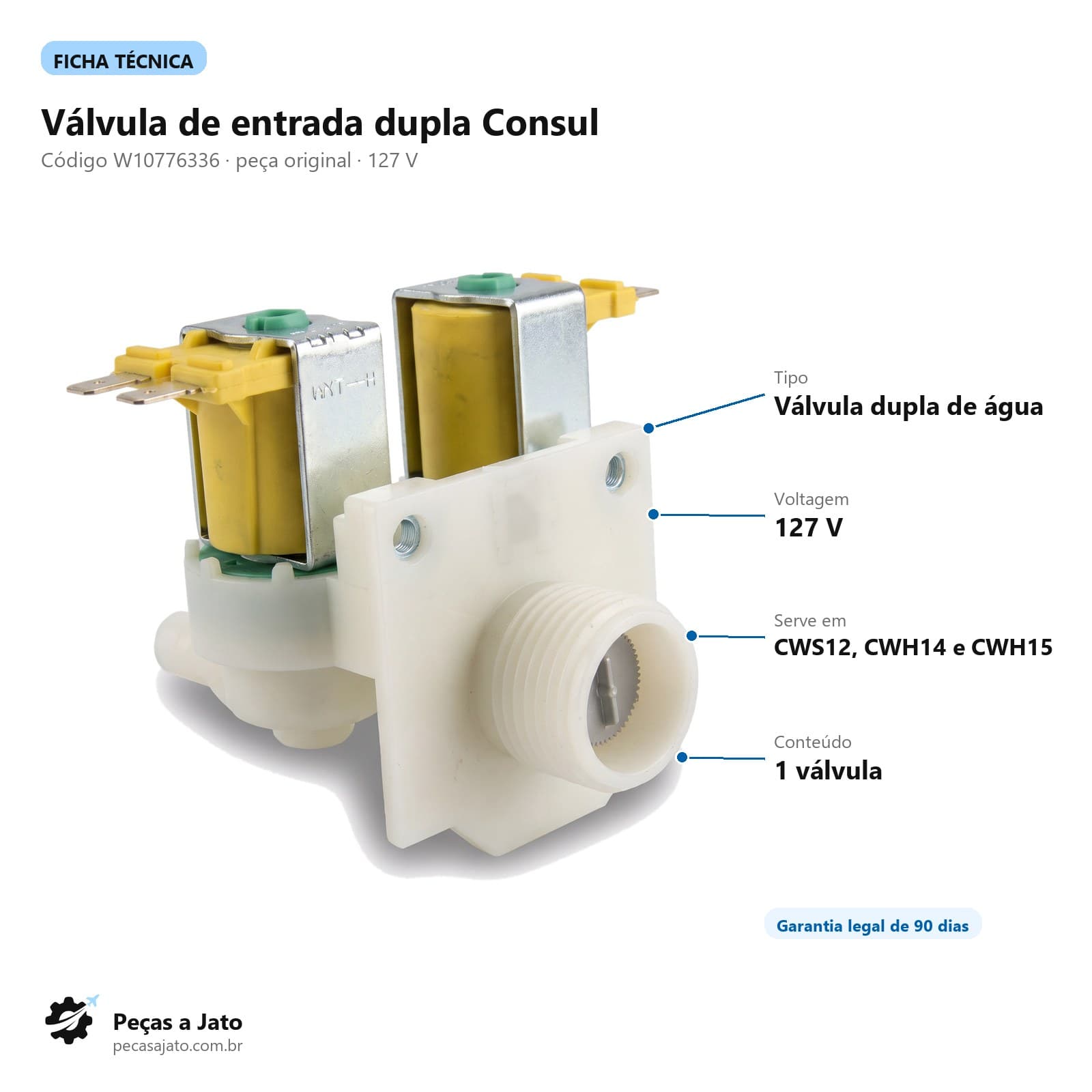 Válvula Dupla de Entrada de Água 127V Lavadora Consul Cws12 Cwh14 Cwh15 W10776336: imagem ilustrativa