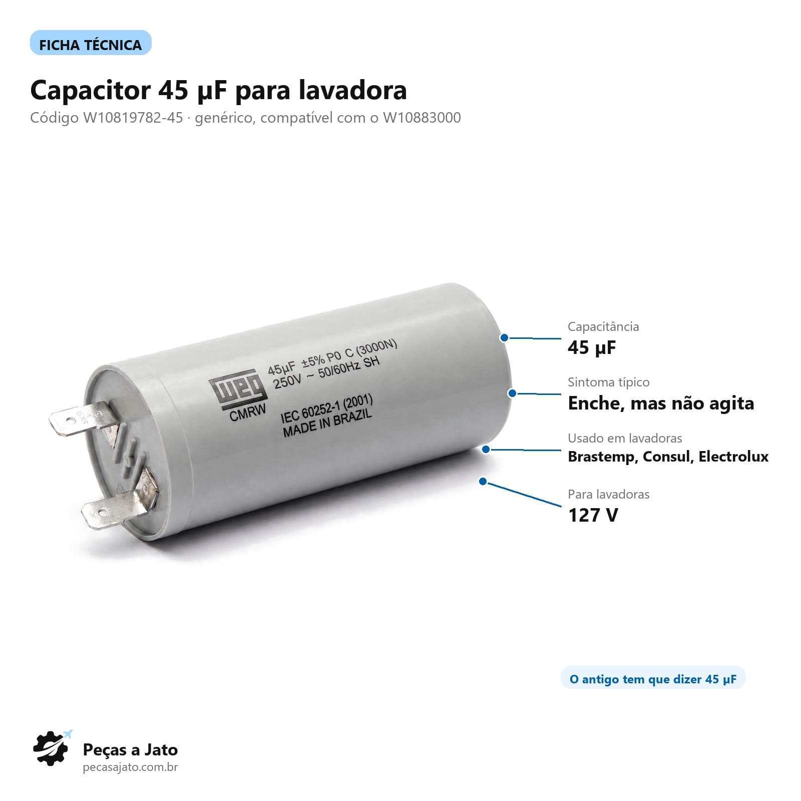 Capacitor 45uF 127V Para Lavadora de Roupas: imagem ilustrativa