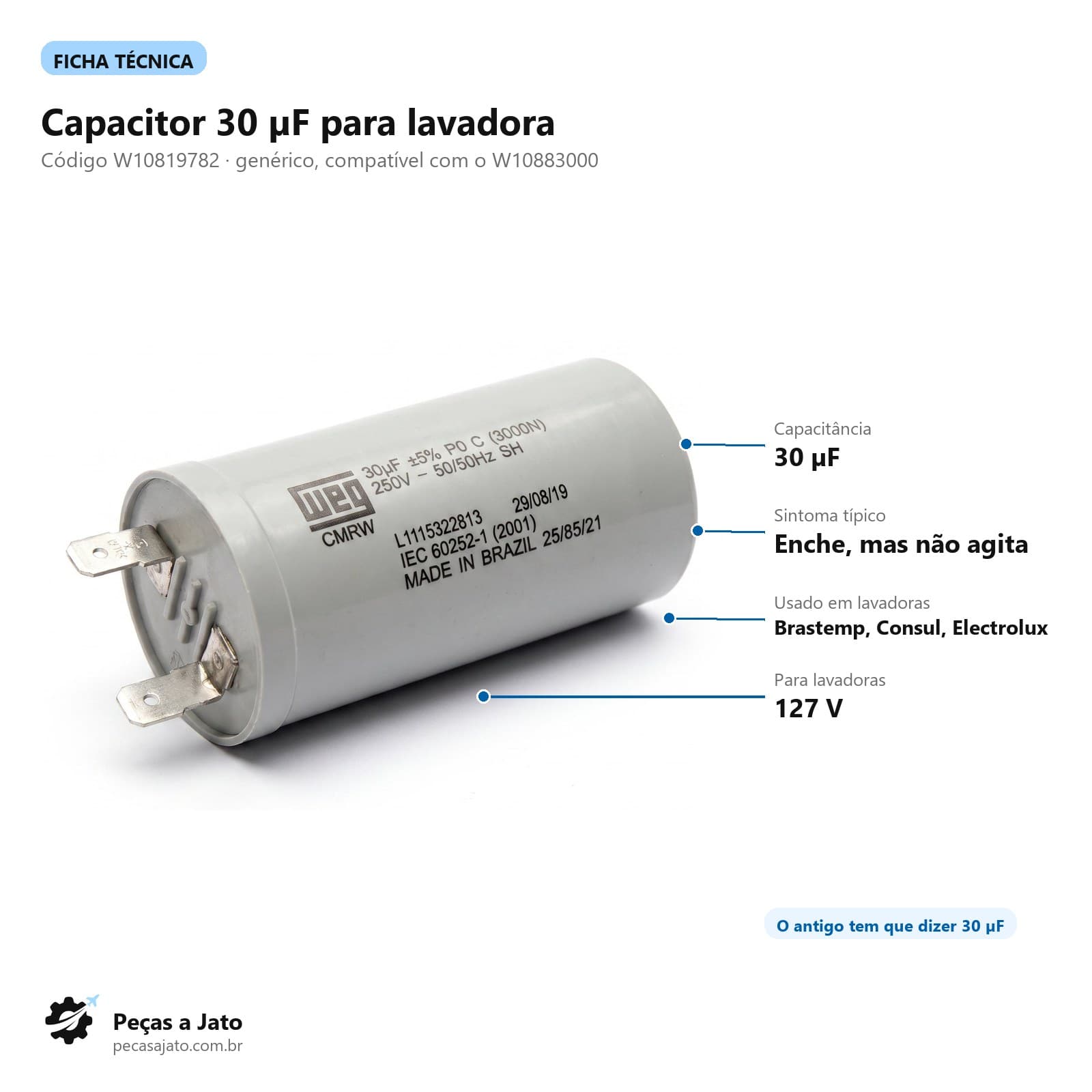 Capacitor 30uF 127V Para Lavadora de Roupas: imagem ilustrativa
