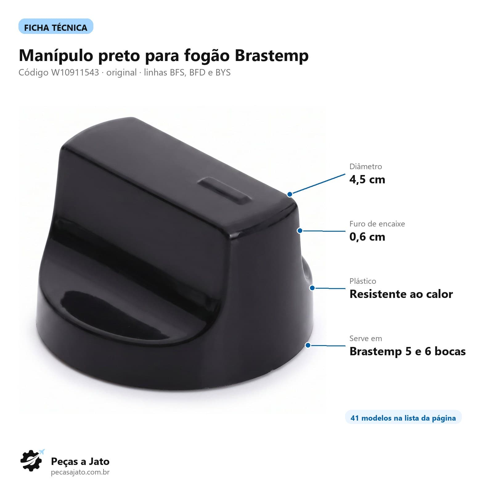 Manipulo Botão Preto Para Fogão Brastemp Original W10911543: imagem ilustrativa