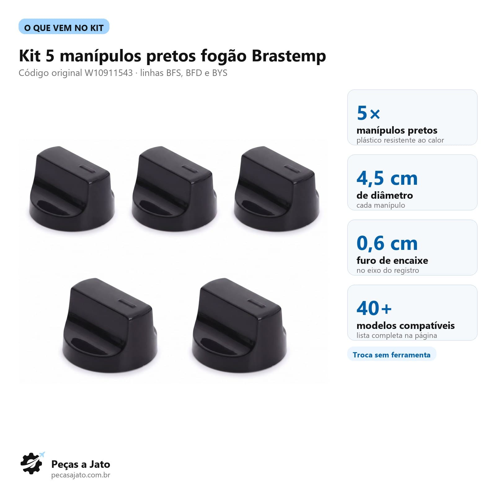 Kit 5 Manípulos Botão Preto Fogão Brastemp W10911543: imagem ilustrativa