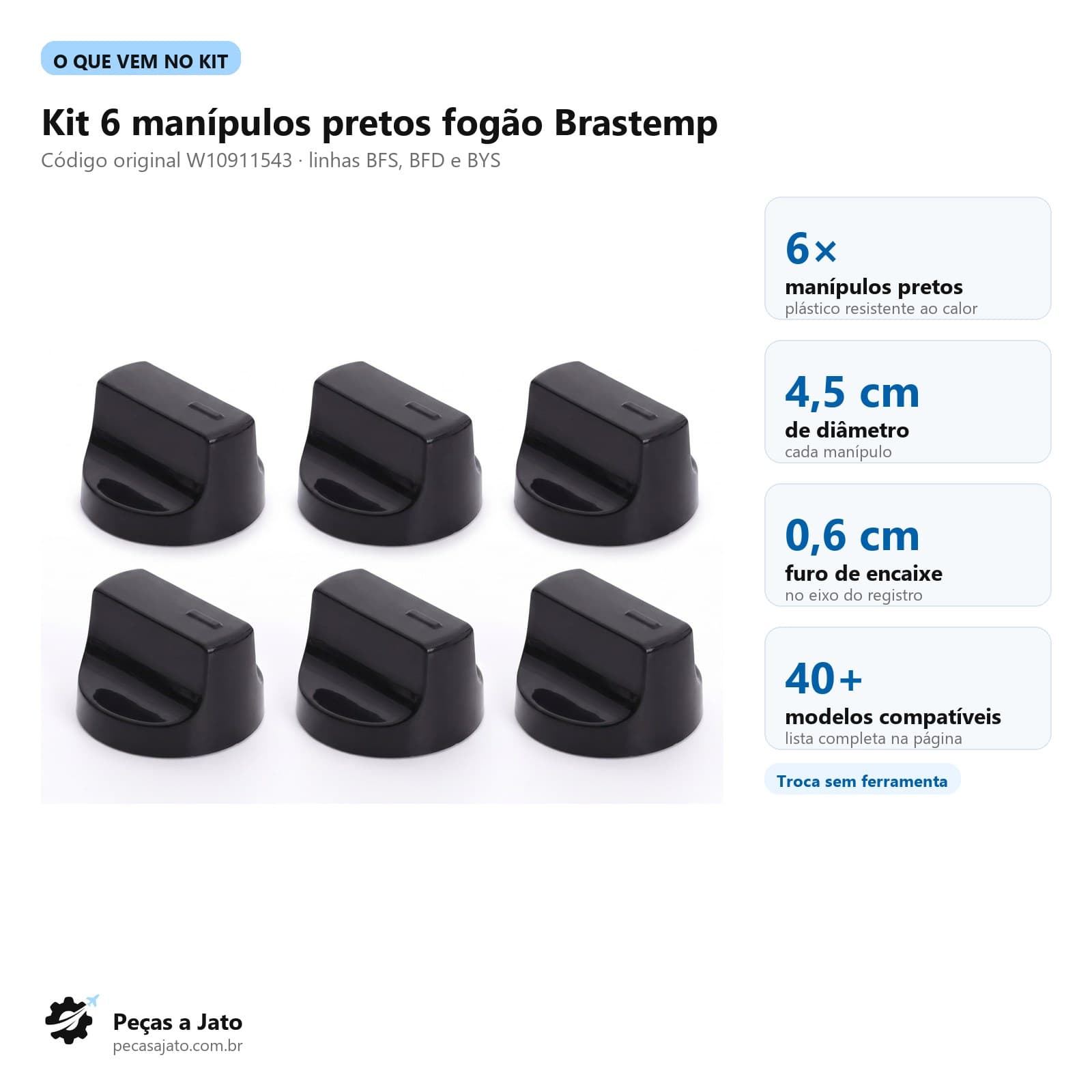 Kit 6 Manípulos Botão Preto Fogão Brastemp W10911543: imagem ilustrativa
