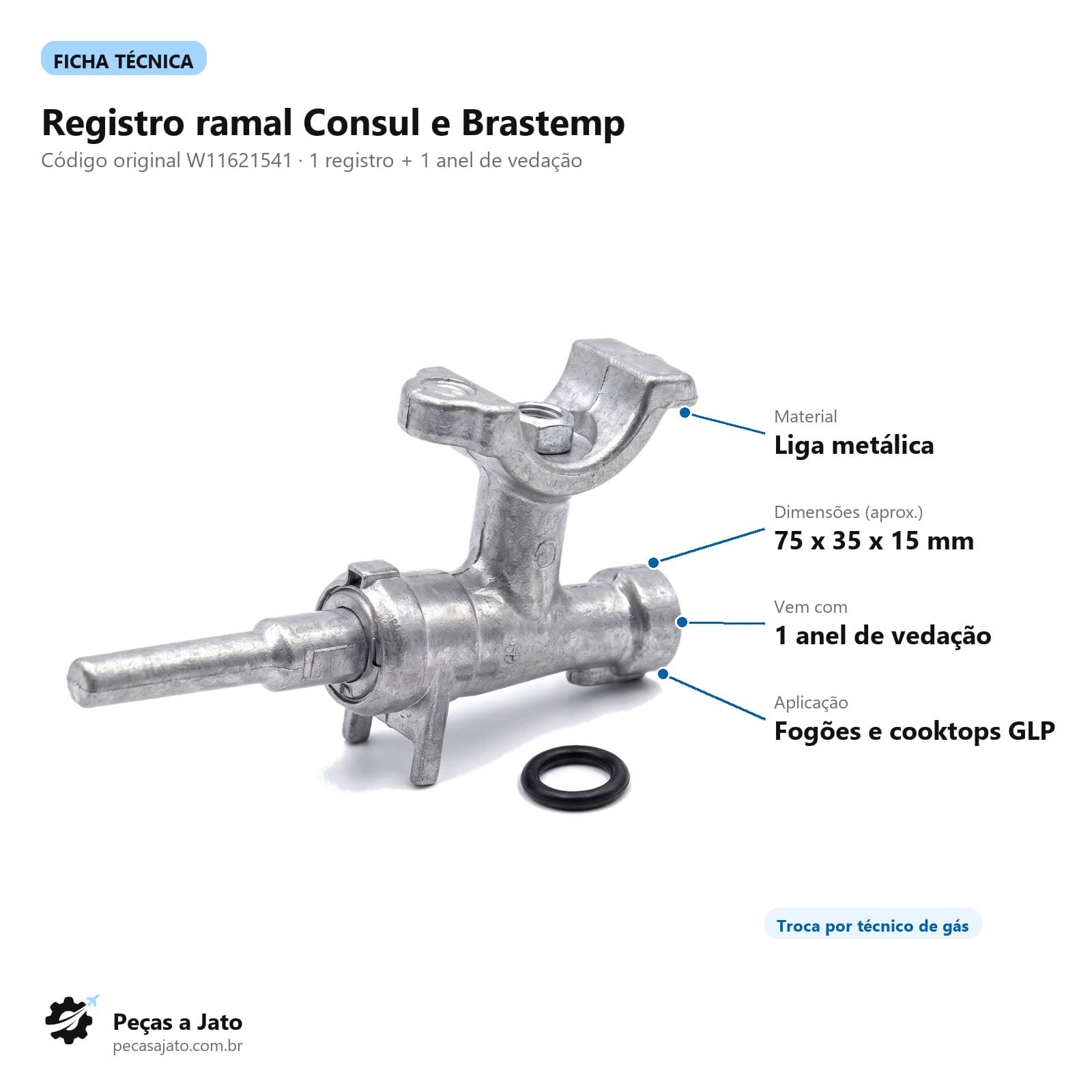 Registro Ramal Fogão Consul Brastemp e Anel Vedação W11621541: imagem ilustrativa